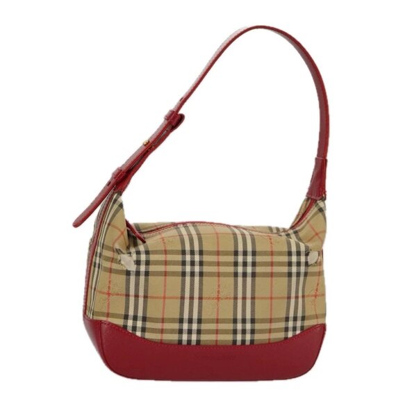 BURBERRY Nova Check Shoulder Bag Canvas Leather Beige Gold Red Auth 98900 - Picture 1 of 16